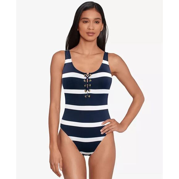 Lauren Ralph Lauren Women's Striped One-Piece Swimsuit, Navy/Wh, Size 10 0303 - Picture 1 of 3